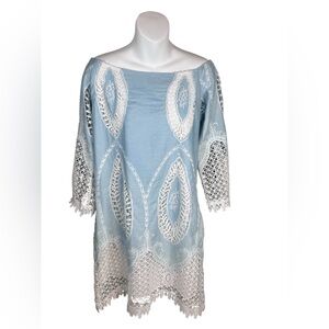 Lucy Paris blue white embroidered crochet mid dress bohemian boho chic wealth